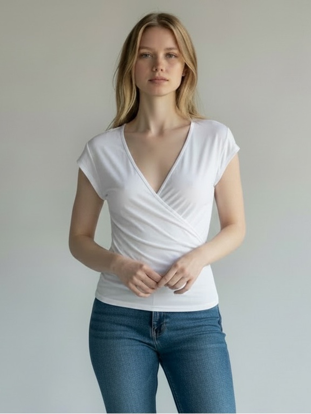 Paxton White Wrap-Front Short Sleeve Blouse